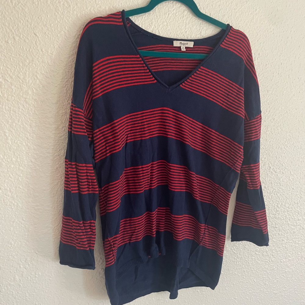 Madewell Red and Navy Striped V-Neck Sweater